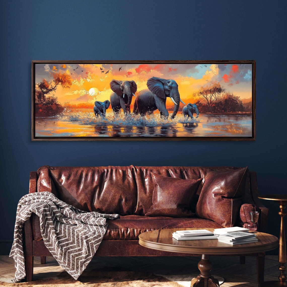 Elephant Family Crossing River African Sunset Vibrant Safari Wall Art - Image 3