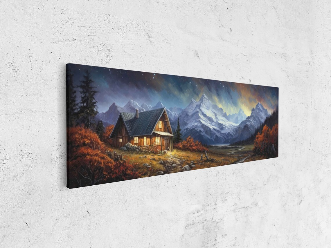Rustic Cabin at Dusk Autumn Foliage Snowy Mountain Peaks Wall Poster - Image 4