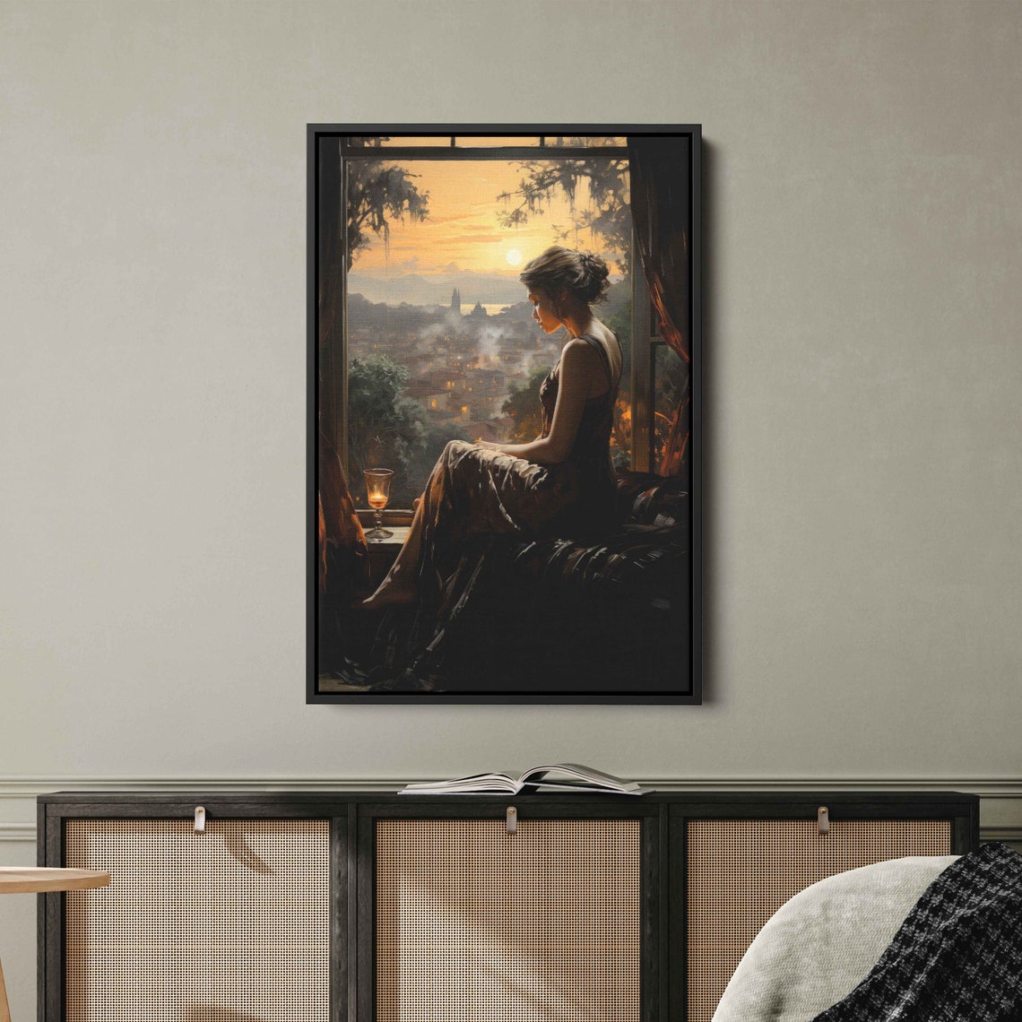 Woman On Windowsill Watching Sunset Over City Evening Wall Art