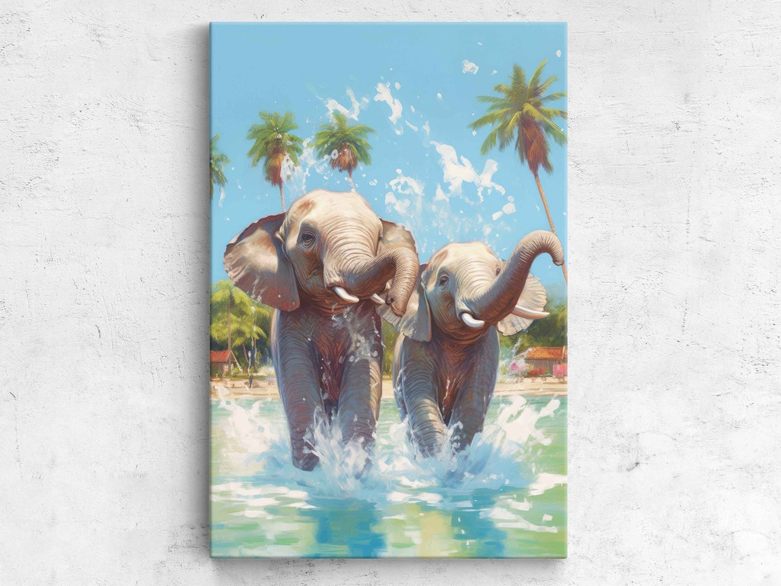Two Elephants Splashing Tropical Water Playful Wildlife Art Print