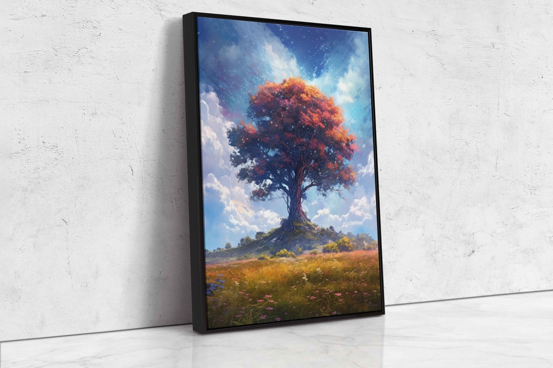 Fiery Orange Tree on Hill Starry Twilight Sky Golden Field Art Poster - Image 4