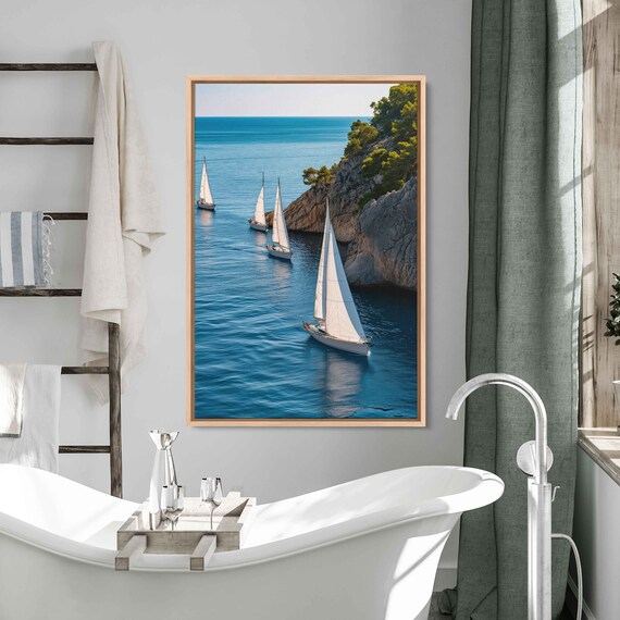 Sailboats Cruising Rocky Cliffs Deep Blue Sea Coastal Sailing Travel Poster