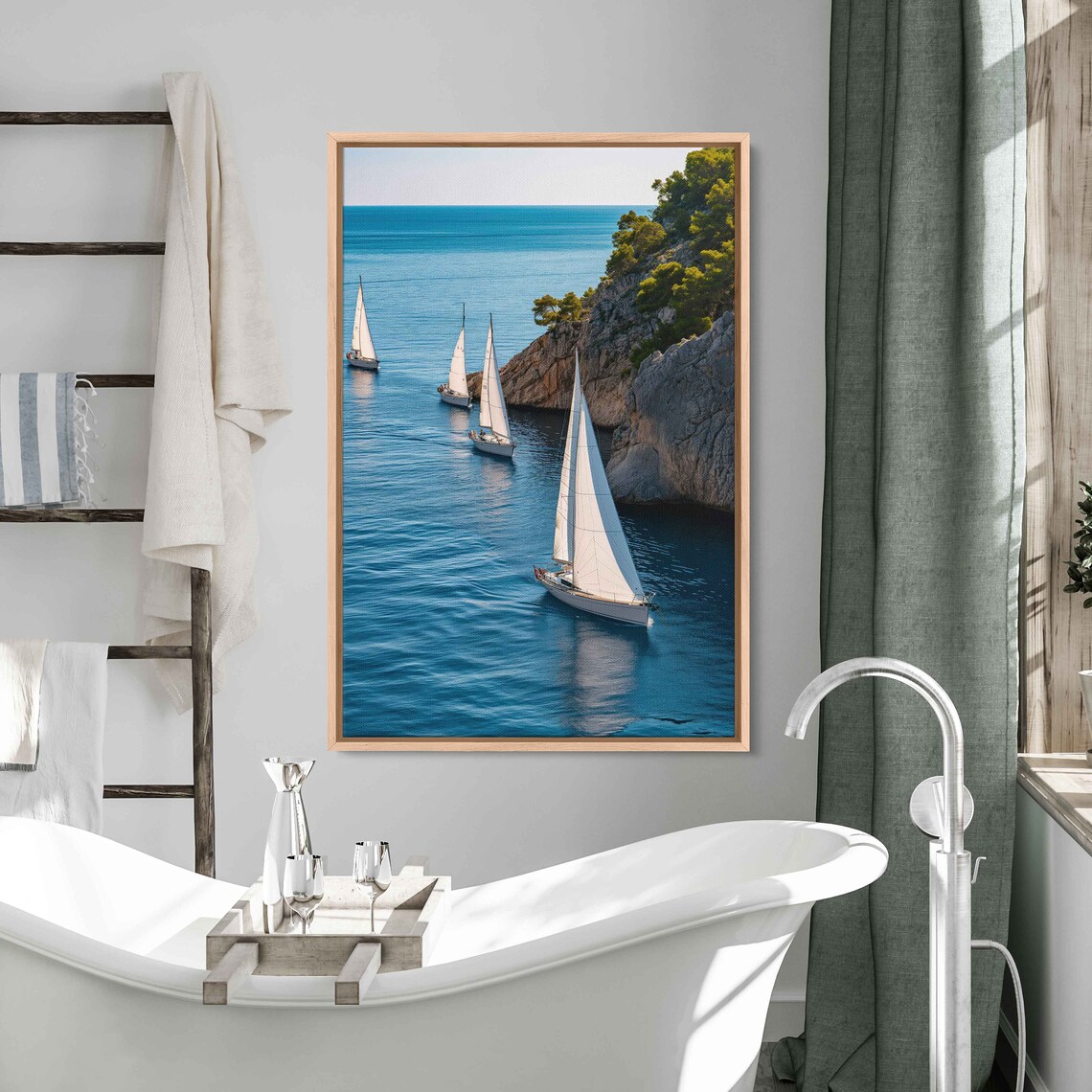 Sailboats Cruising Rocky Cliffs Deep Blue Sea Coastal Sailing Travel Poster