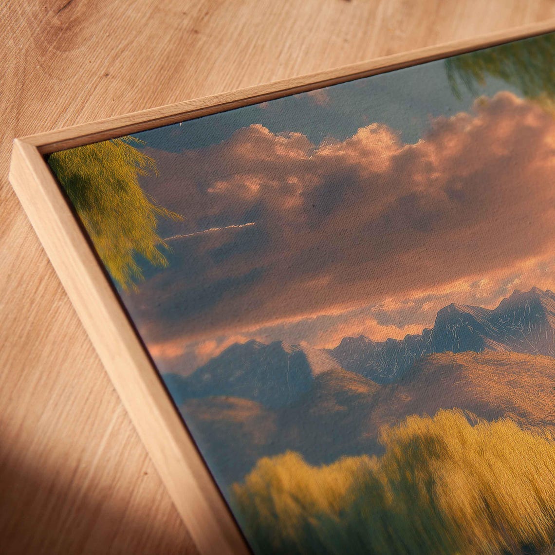 Tranquil Cottage By Lake Surrrounded By Weeping Willow Trees Wall Art Print Cloudy Mountain Range Ready To Hang - Image 2