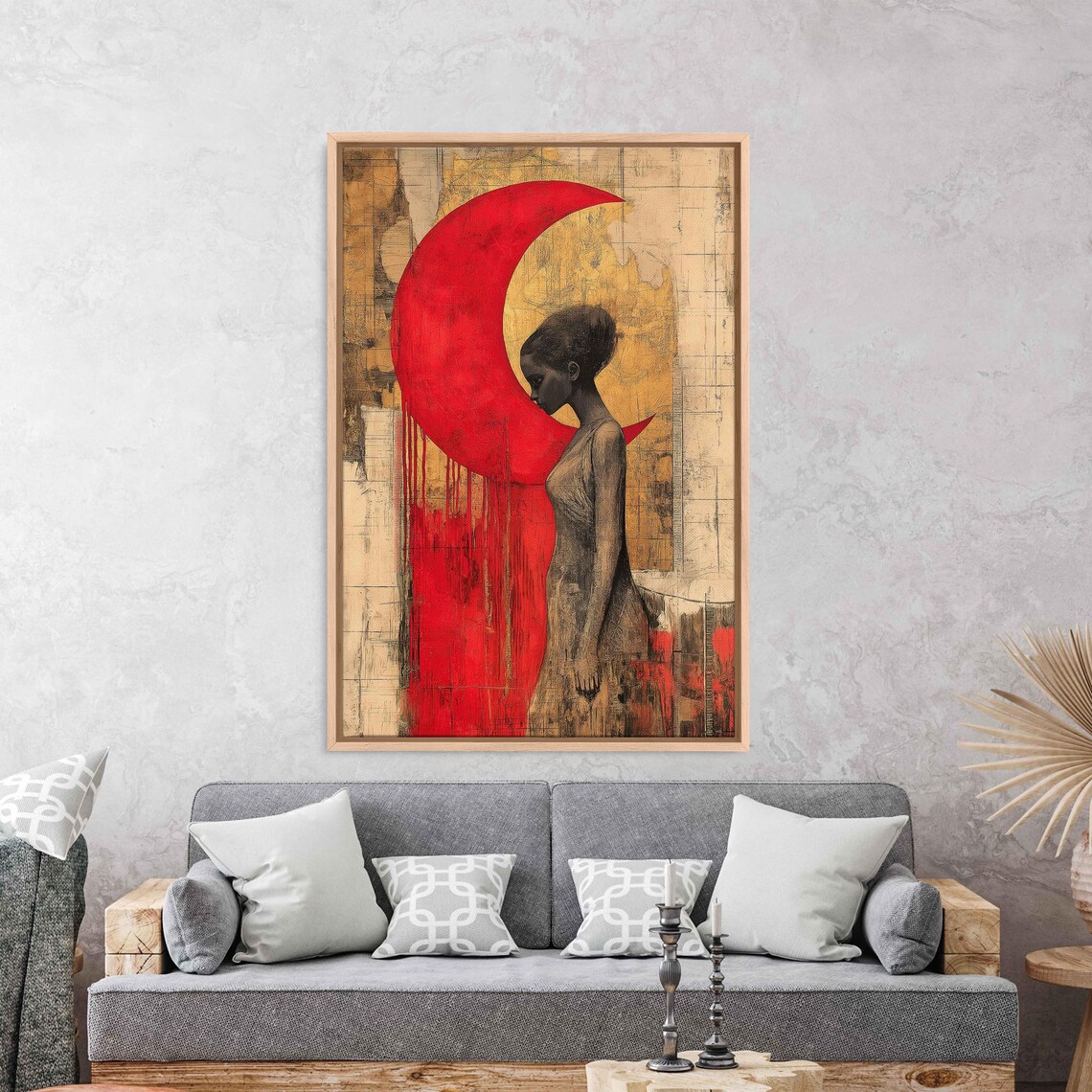 Surreal Silver Crescent Moon, Whimsical Illustration