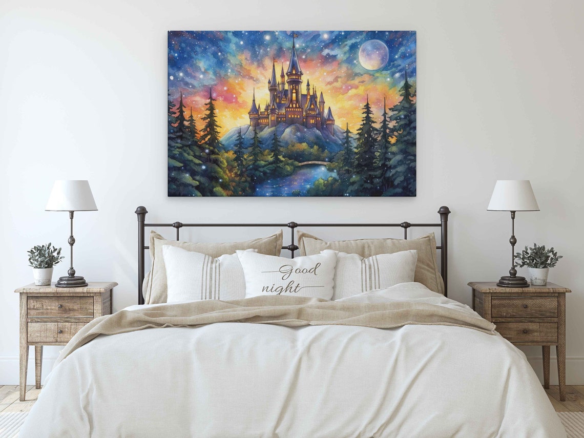 Snowy Hill Castle Full Moon Sunset Lake Bridge Starry Art Poster - Image 3