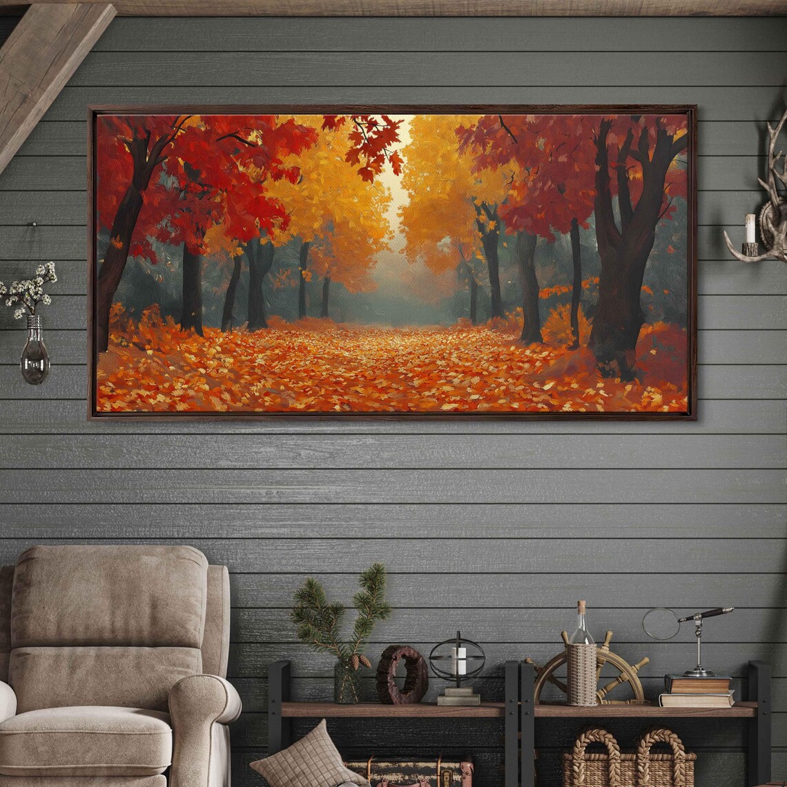 Autumn Forest Path Golden Red Leaves Fall Woodland Scenic Poster