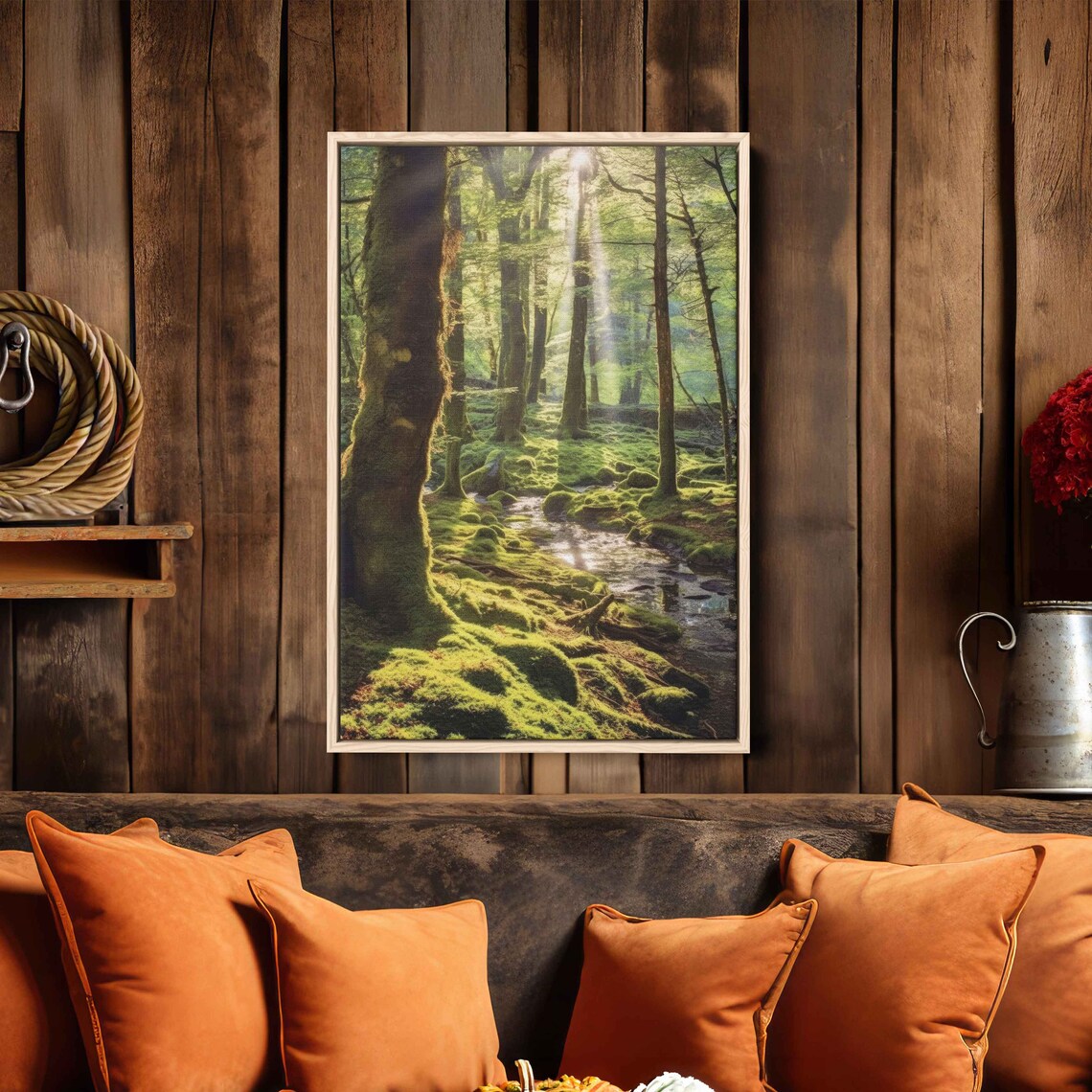 Sunlight Filtering Through Tranquil Forest Wall Art Print Peaceful Nature Wooded Flowing Stream Ready To Hang - Image 3