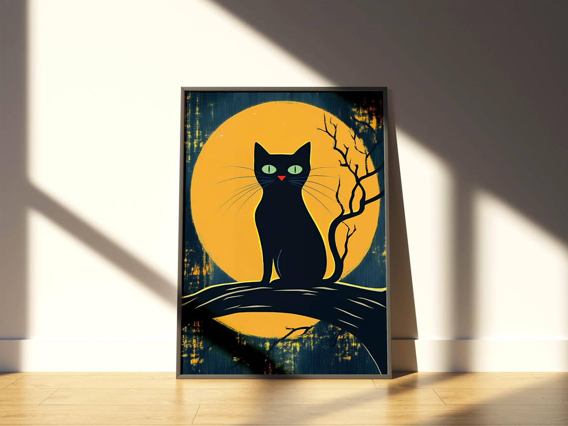Black Cat Retro Mid-Century Moon Art Print