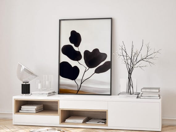 Black Ink Botanical Branch Silhouette Wabi Sabi Japandi Art Poster