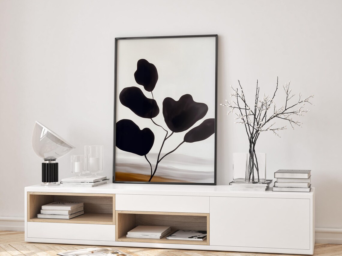 Black Ink Botanical Branch Silhouette Wabi Sabi Japandi Art Poster