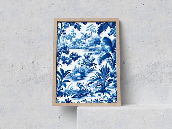Blue Chinoiserie Wall Art Print Landscape Poster Tropical Botanical Oriental Jungle Decor For Classic Interiors