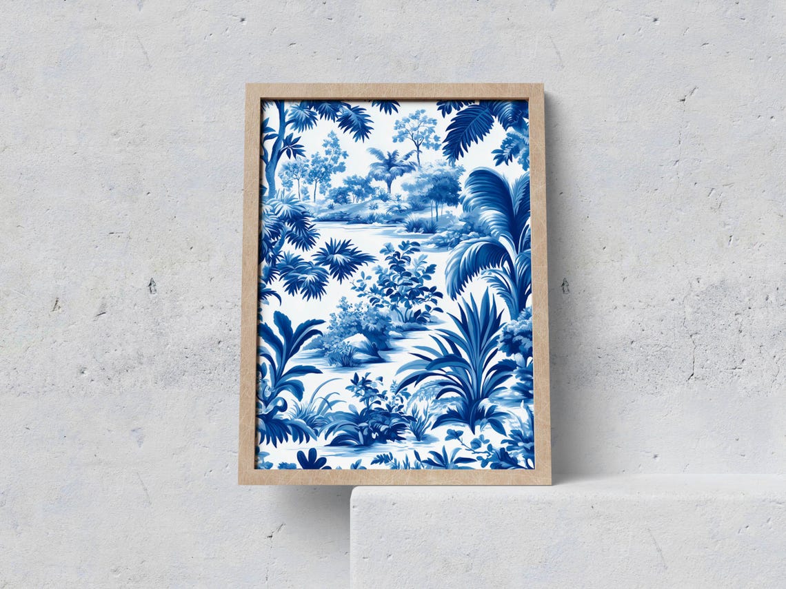 Blue Chinoiserie Tropical Palm Trees Jungle Landscape Poster