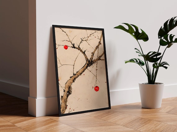 Minimalist Red Berry Bare Branch Japanese Ink Wash Zen Poster