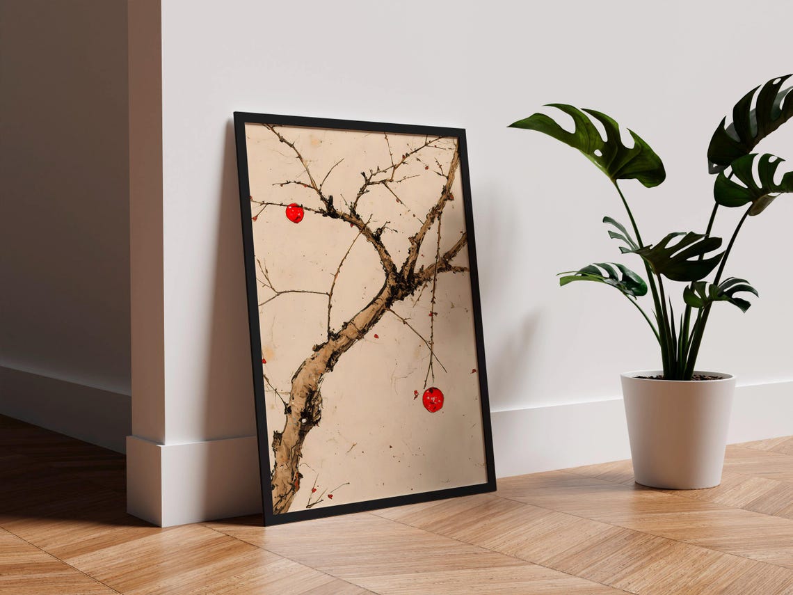 Minimalist Red Berry Bare Branch Japanese Ink Wash Zen Poster