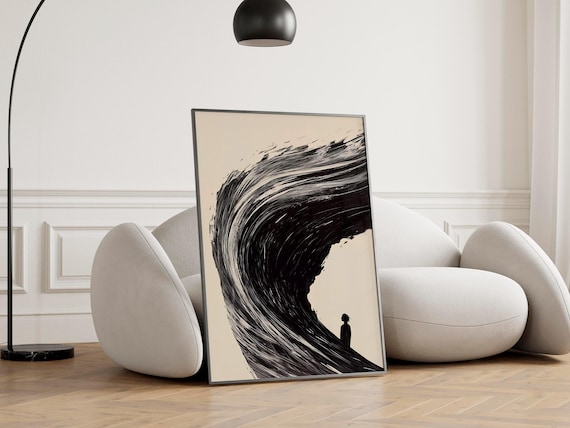 Black Ink Ocean Wave Brushstroke Figure Zen Wabi Sabi Art Print