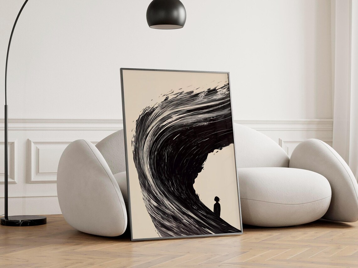 Black Ink Ocean Wave Brushstroke Figure Zen Wabi Sabi Art Print