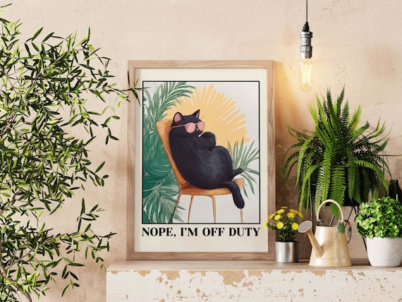Japandi Minimalist Cat Poster Funny Mid Century Modern Wall Art Humorous Animal Illustration Print Chill Quote