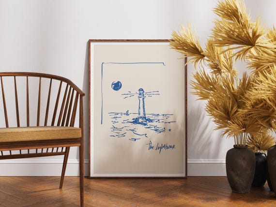 Lighthouse Wall Art Coastal Nautical Artwork Minimalist Ocean Decor Sea View Poster Instant