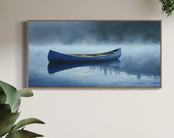 Vintage Canoe On Misty Lake Rustic Wall Decor Print For Lake House Relaxing Nautical Wall Art And Rustic Home Decor