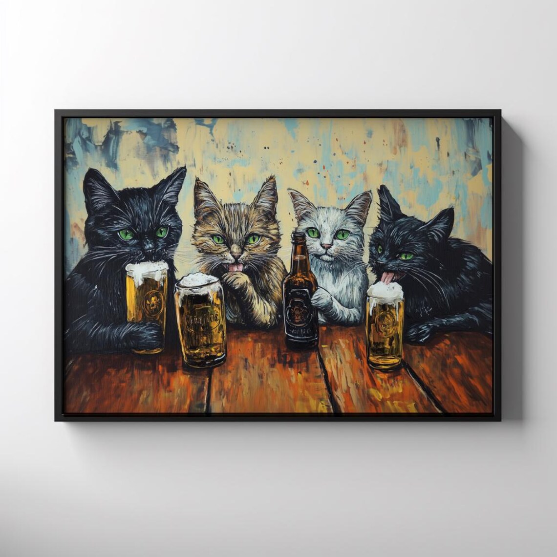 Four Funny Cats Sharing Frothy Beers at Wooden Pub Table Wall Art - Image 3