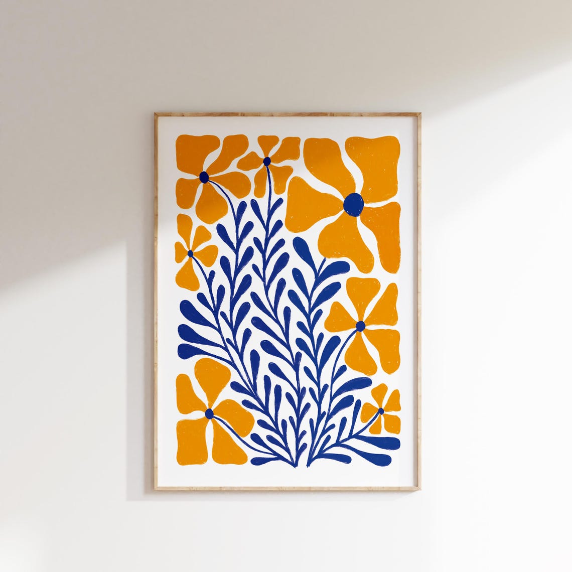 Orange Bloom Blue Leaf Abstract Botanical Modern Flower Art Poster