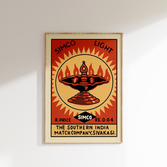 Retro Indian Matchbox Poster Candle 3 Vintage Matchbox Poster Colorful Art Poster Vintage India Art Maximalist Wall Art Matchbox Art