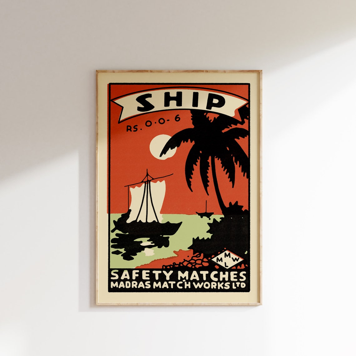 Ship Safety Matches Sailboat Sunset Retro Indian Matchbox Art Poster