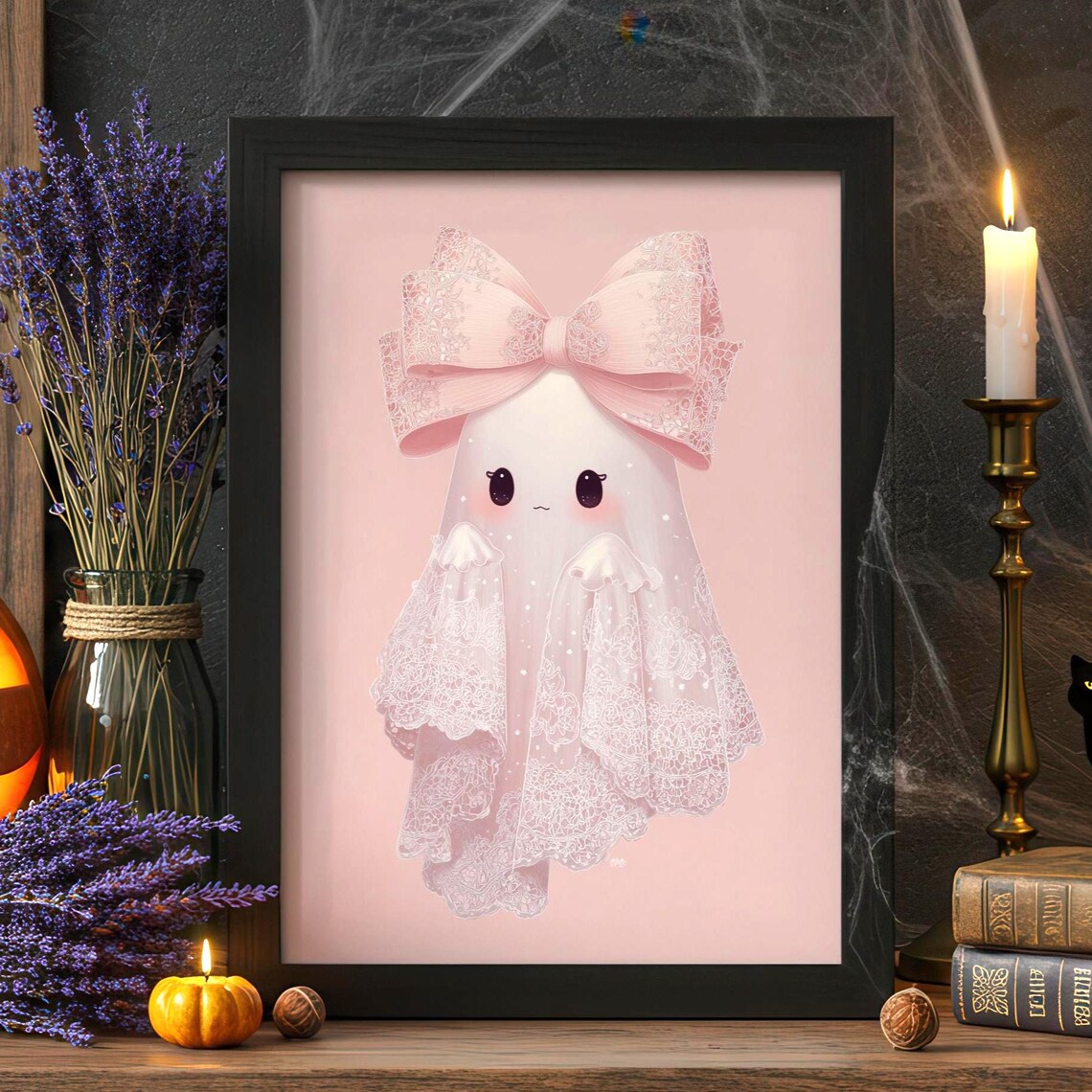 Pink Lace Ghost With Giant Bow Cute Coquette Halloween Poster