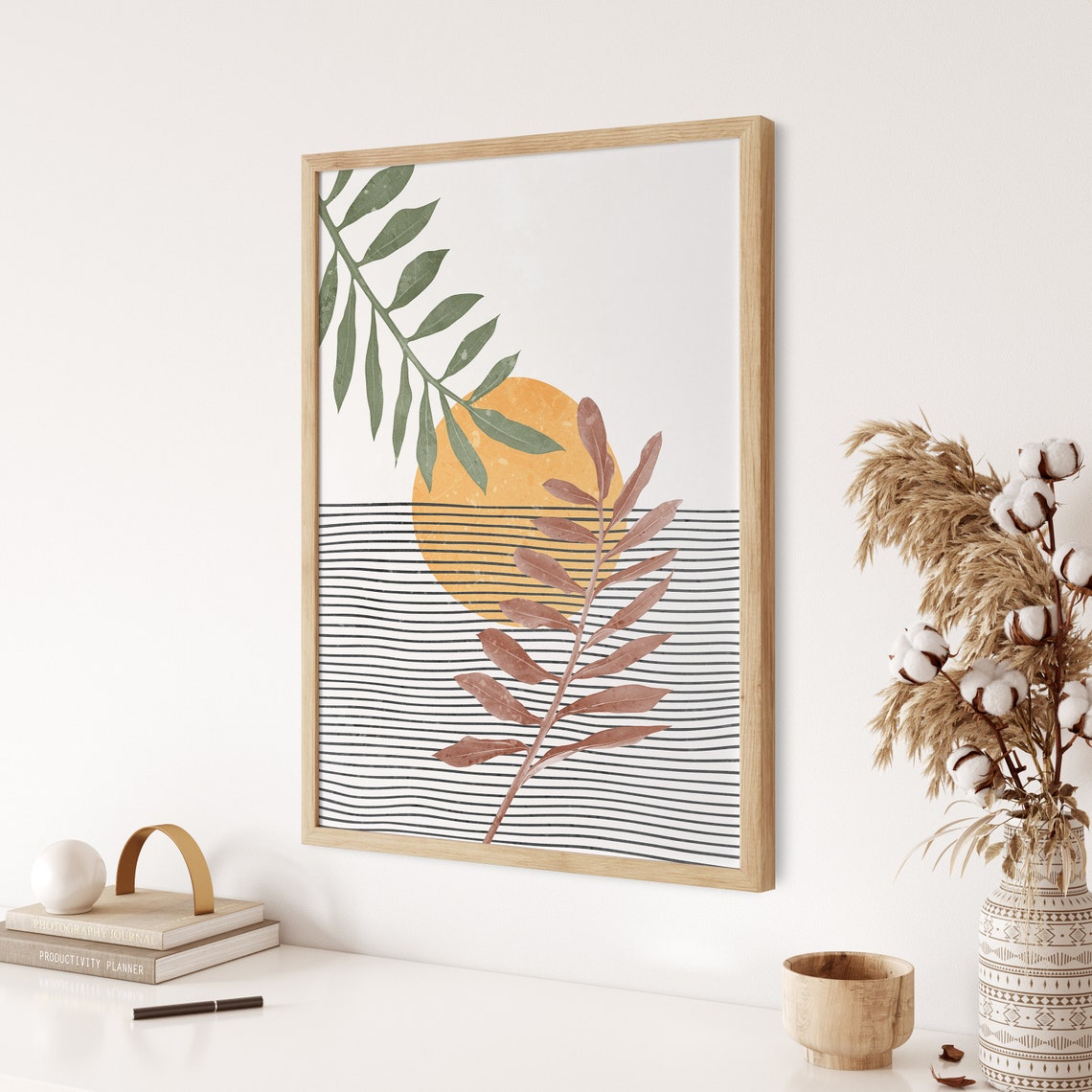 Boho Sun Tropical Leaves Ocean Stripes Minimalist Decor Poster - Image 3