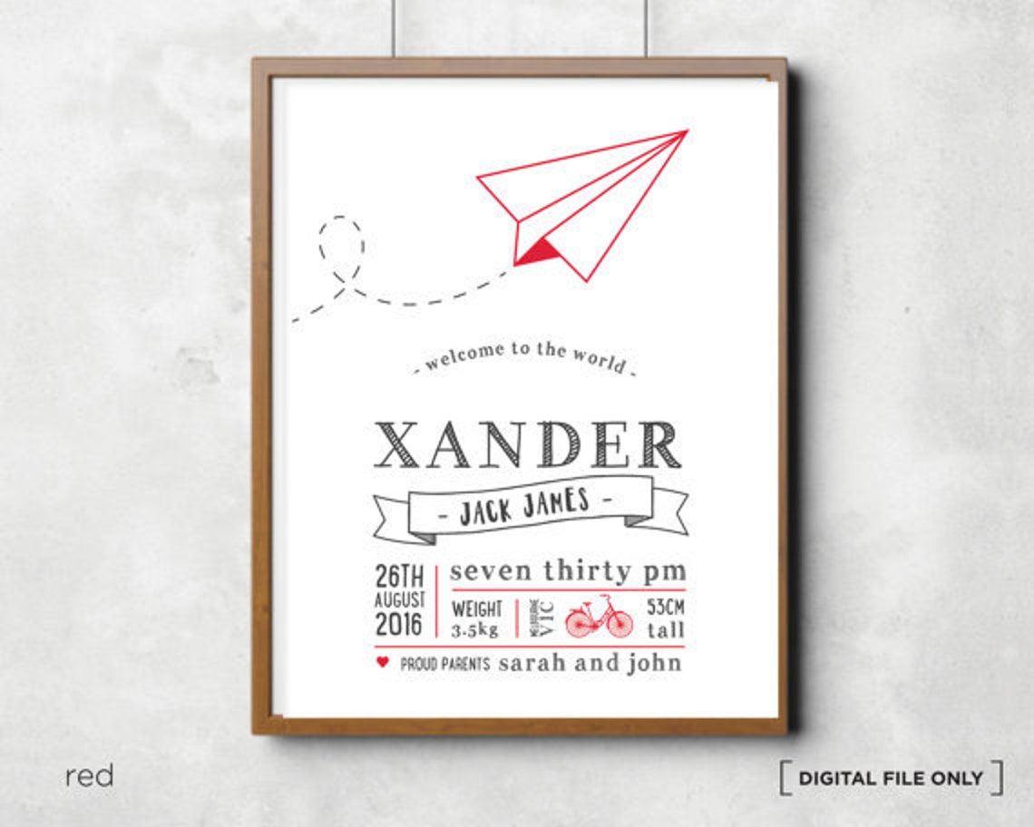 Paper Airplane Birth Stats Blue Personalized Nursery Baby Poster - Image 4