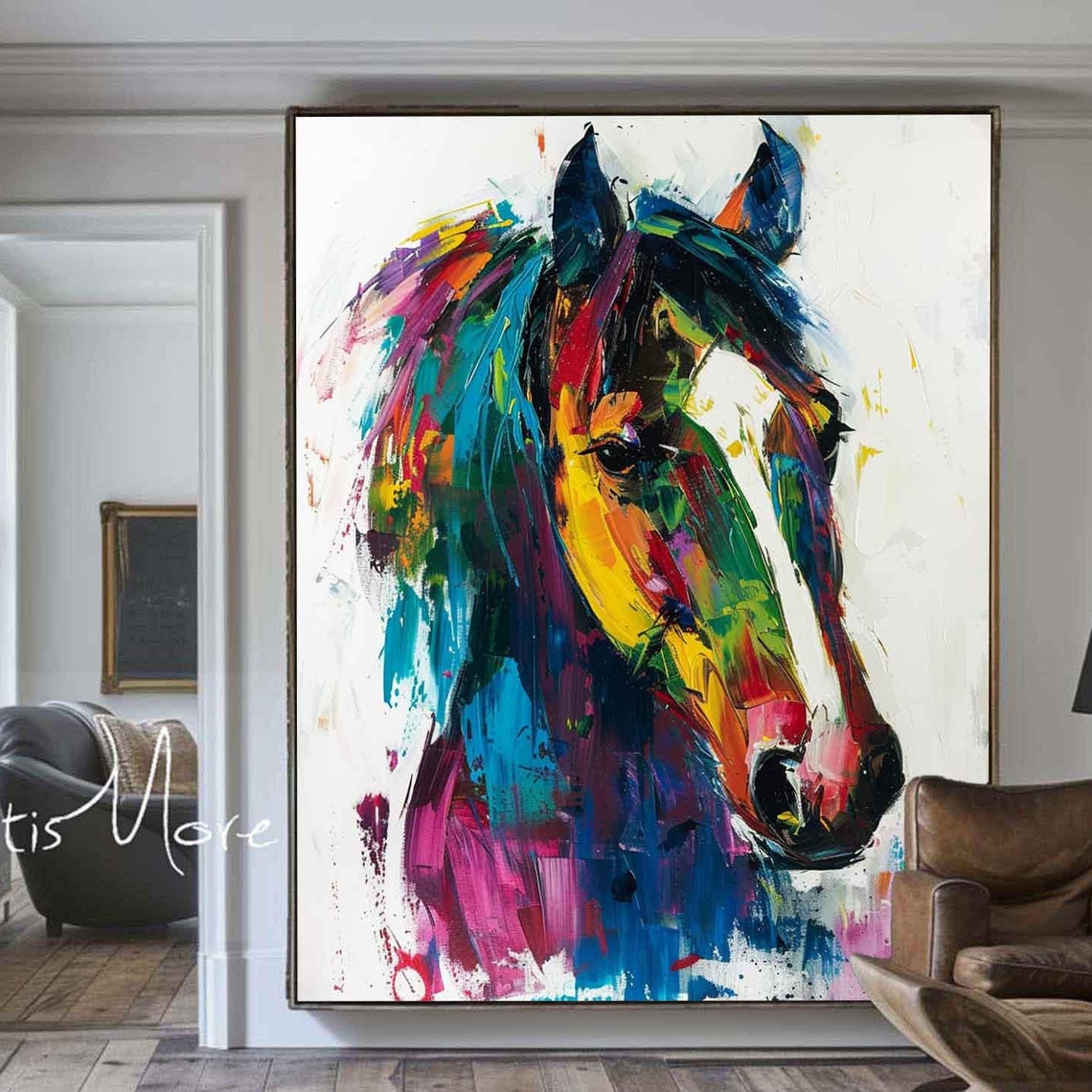 Colorful Abstract Horse Head Painting Rainbow Equine Portrait Wall Art