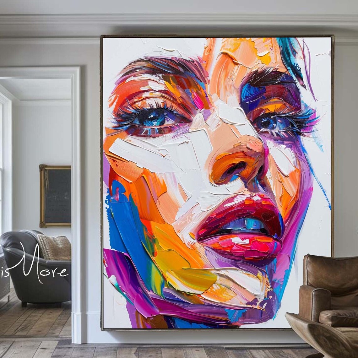 Bold Colorful Woman Face Painting Palette Knife Abstract Portrait Wall Art