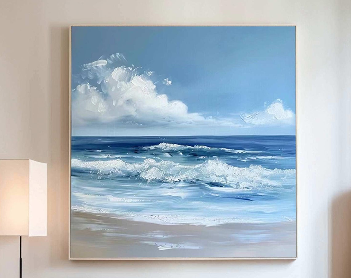 Ocean Wave Painting Blue Sky White Clouds Foamy Surf Beach Wall Art