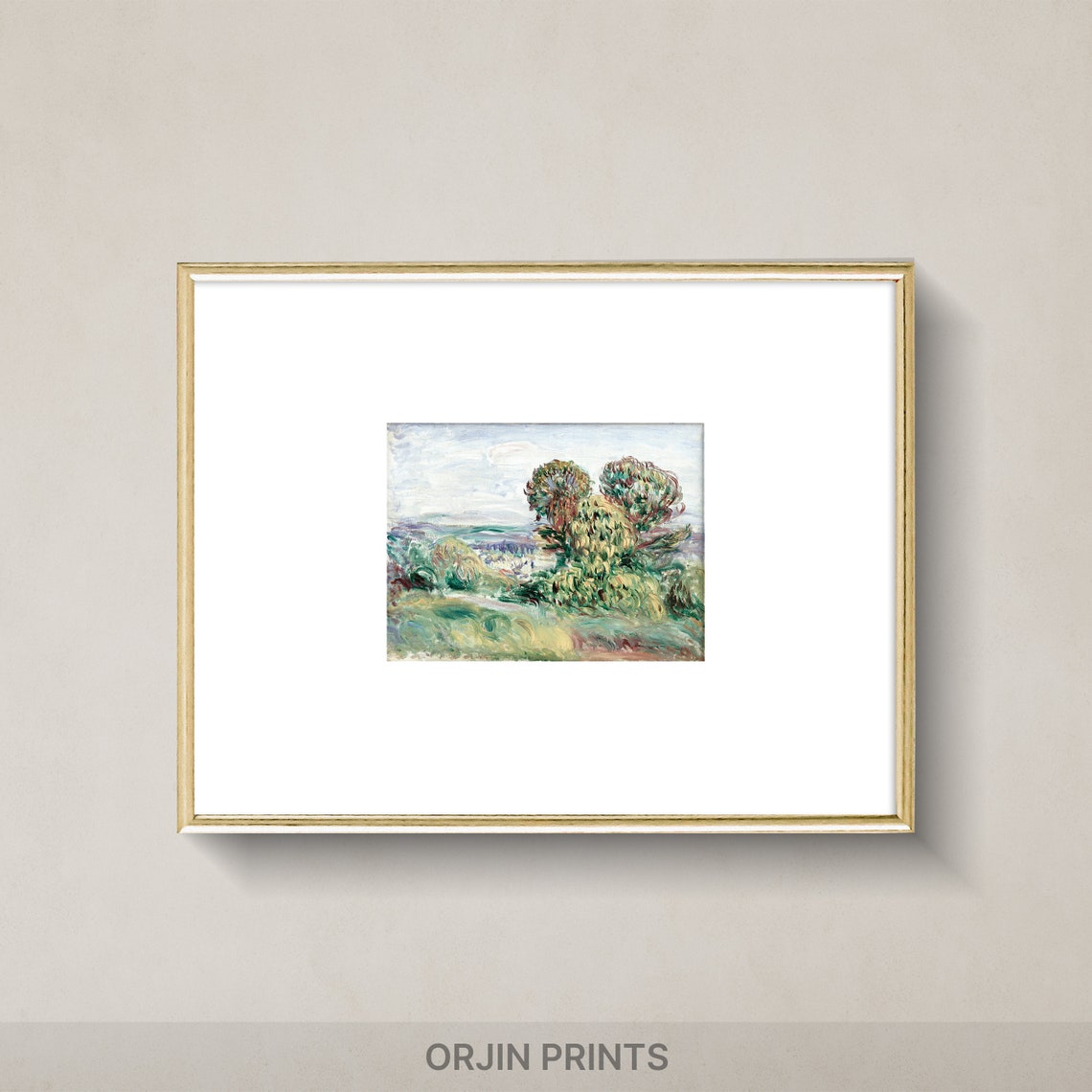 Serene Impressionist Green Hillside Trees Distant Town Art Poster