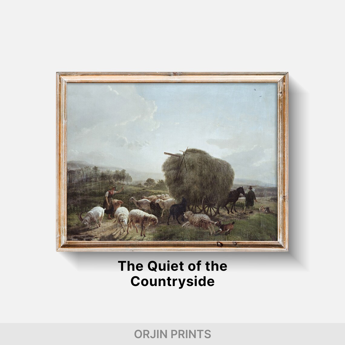 Hay Wagon Sheep Pastoral Oil Painting Harvest Farm Scene Wall Art - Image 2