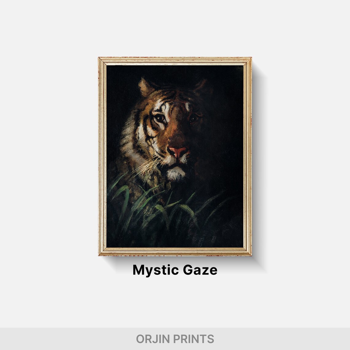 Majestic Tiger Face Emerging From Dark Grass Dramatic Wildlife Art Poster - Image 2