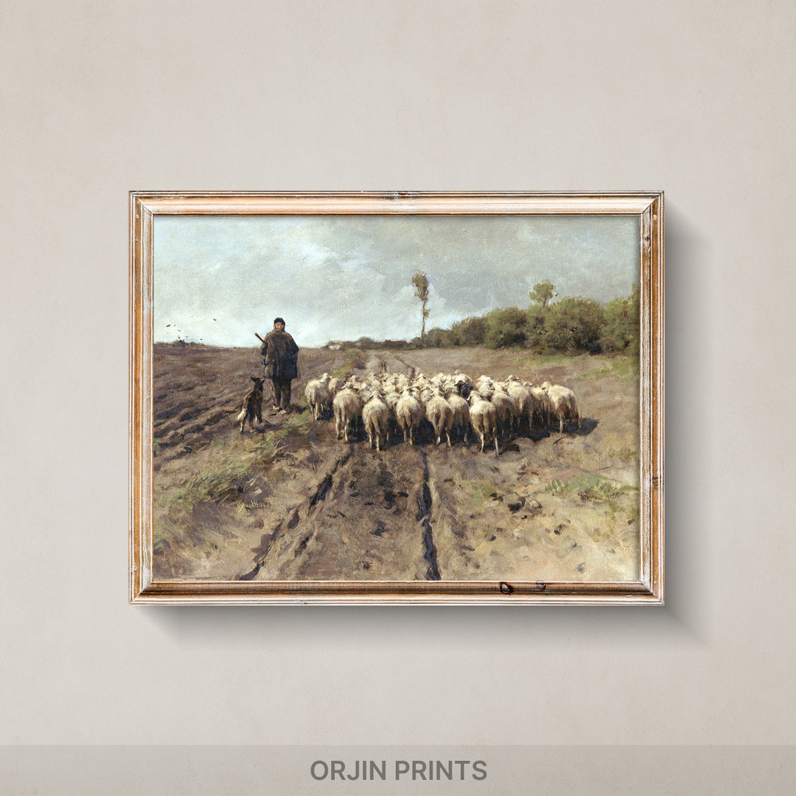 Gentle Shepherd Guiding Sheep Flock Pastoral Field Vintage Art Poster