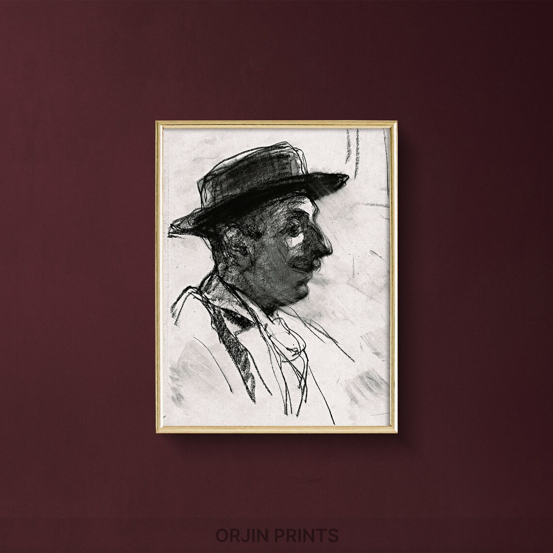 Charcoal Portrait Sketch Man Profile Wide Brim Hat Art Poster