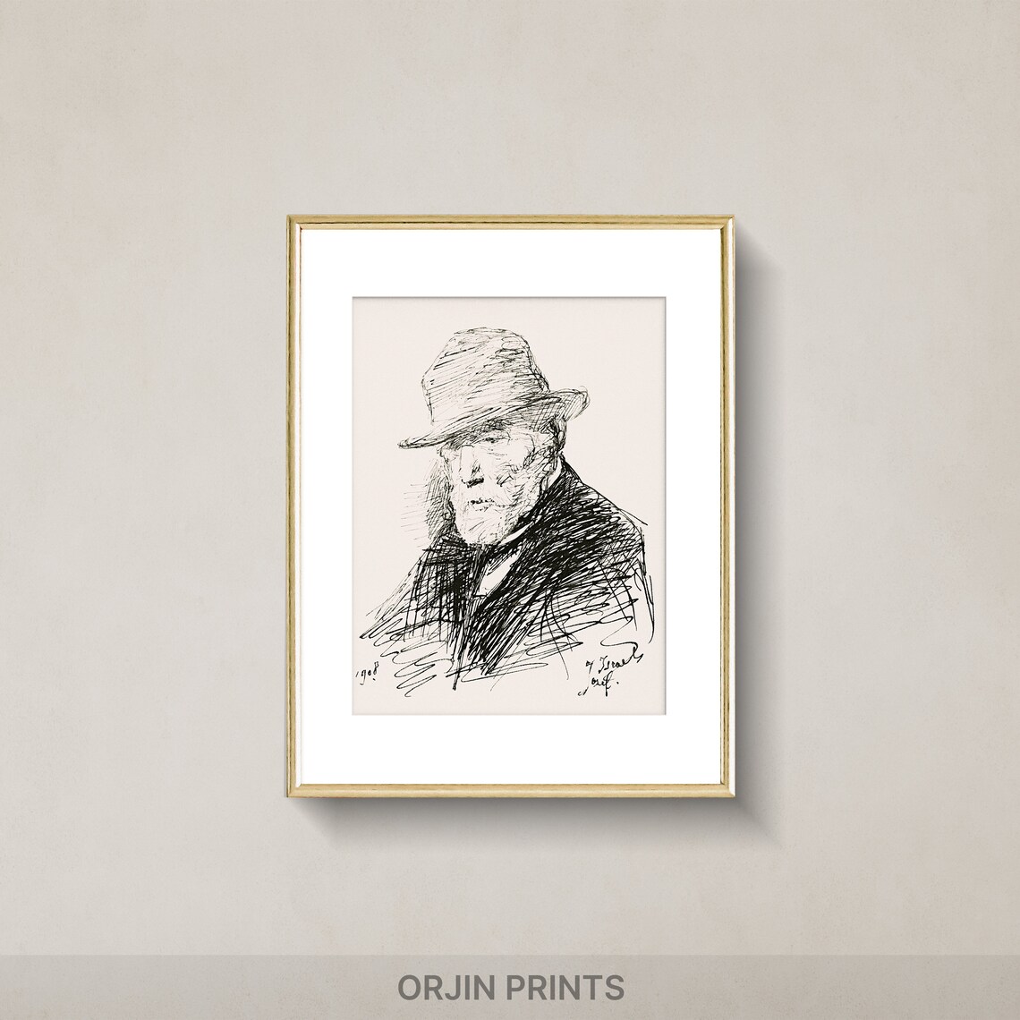 Elderly Man With Hat Ink Sketch Vintage Portrait Drawing Style Print