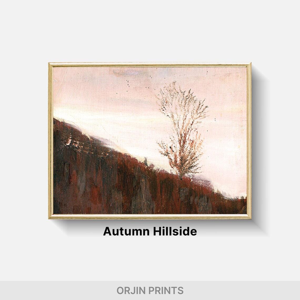Rosy Dawn Fall Hillside with Lone Tree Rustic Autumn Landscape Painting Poster - Image 2