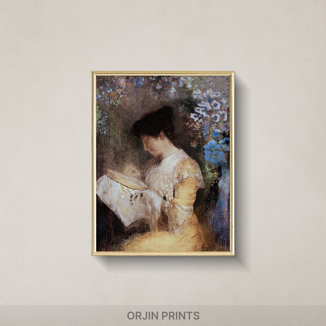 Woman In Golden Dress Reading Vintage Impressionist Style Poster