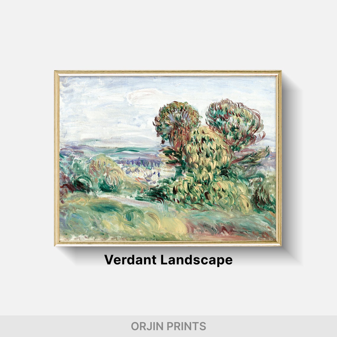 Serene Impressionist Green Hillside Trees Distant Town Art Poster - Image 2