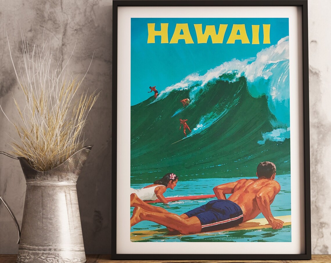Hawaii Vintage Travel Poster, Surfing Ocean Art