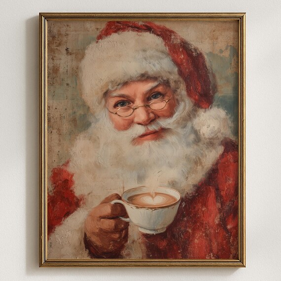 Vintage Santa Claus Holding Coffee Cup Cozy Christmas Art Poster