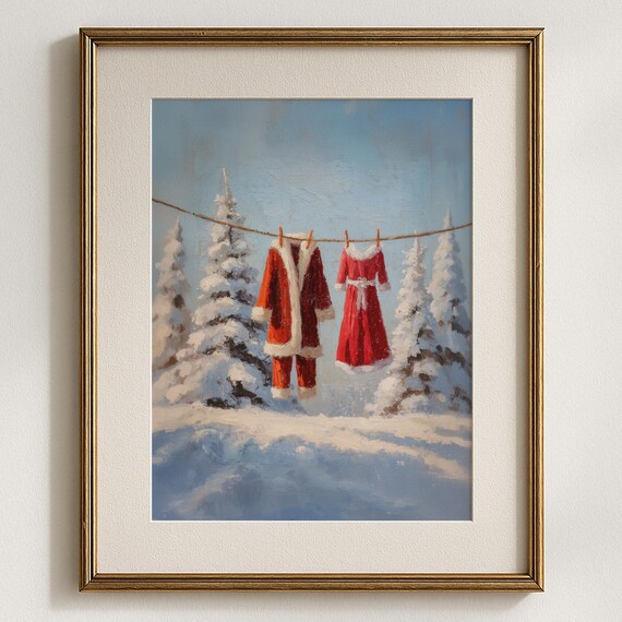 Santa And Mrs Claus Suits On Clothesline Snowy Forest Christmas Poster