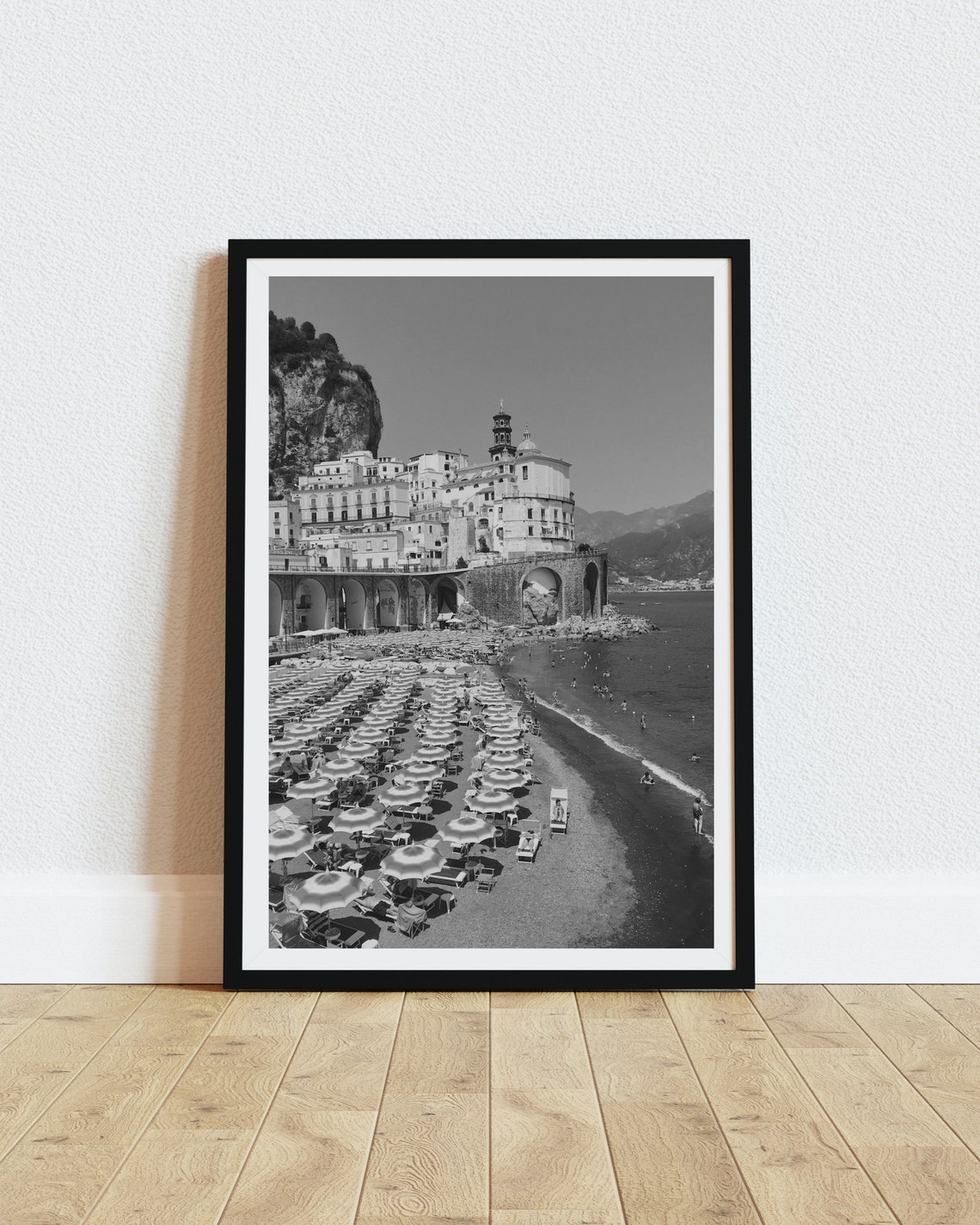 Atrani Beach Umbrellas Amalfi Coast Black And White Photo Poster