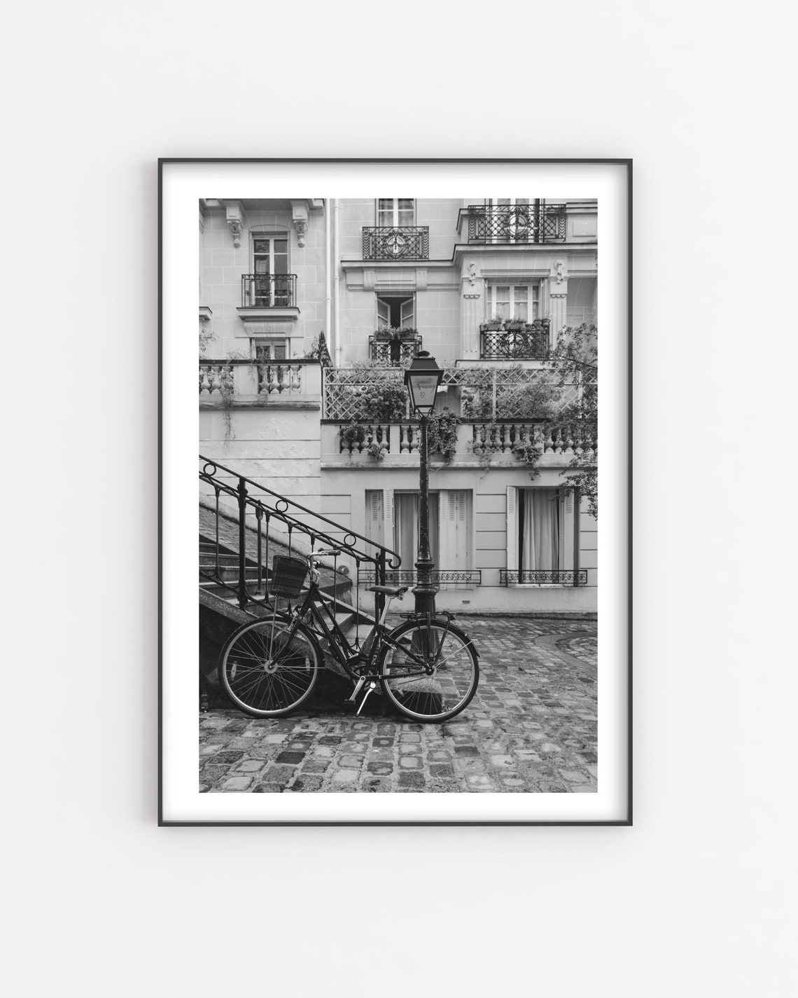Paris Bicycle Cobblestone Street Black And White Photography Poster - Image 3