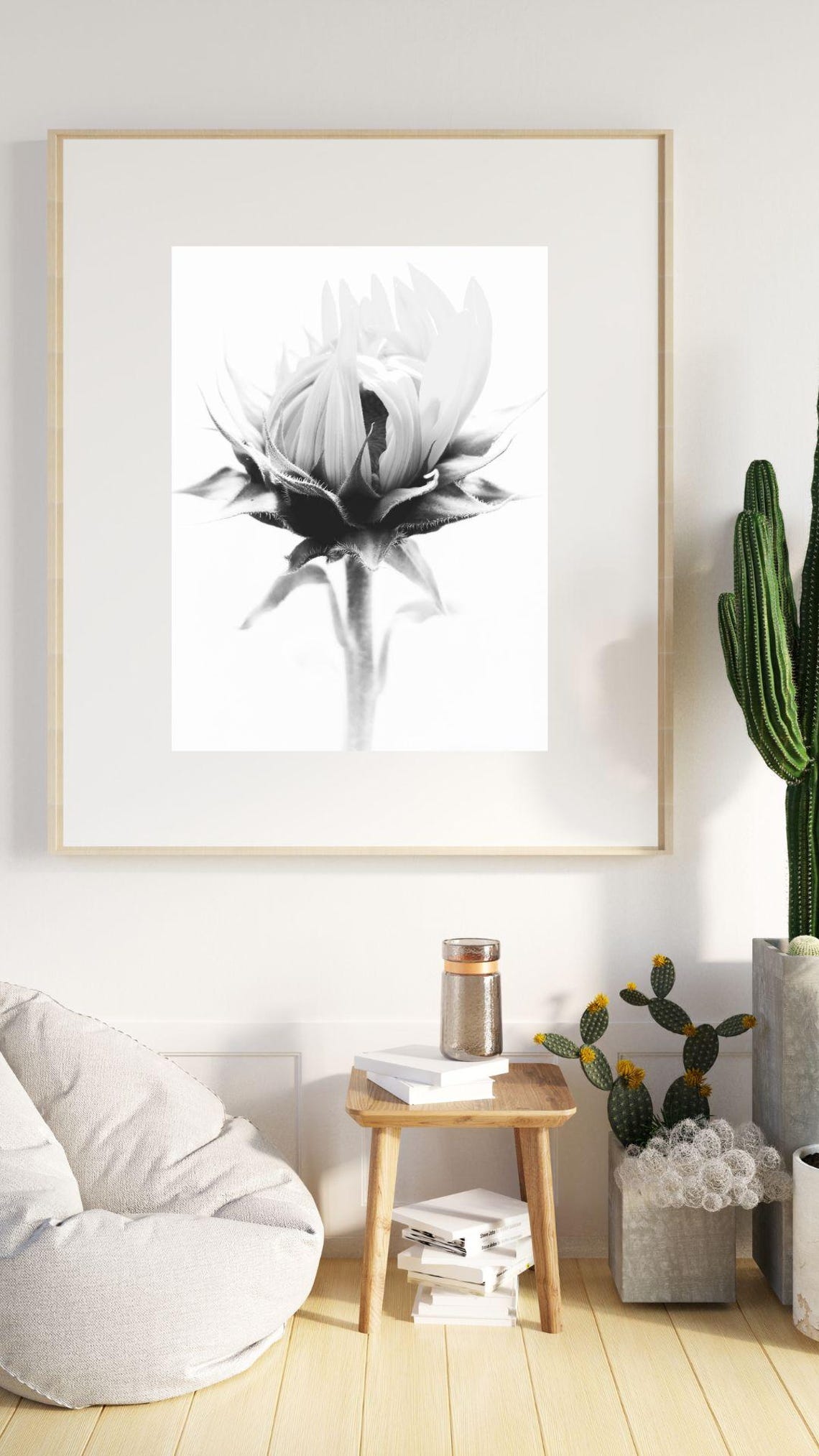 Black And White Flower Bud Close Up Minimalist Botanical Wall Art - Image 2