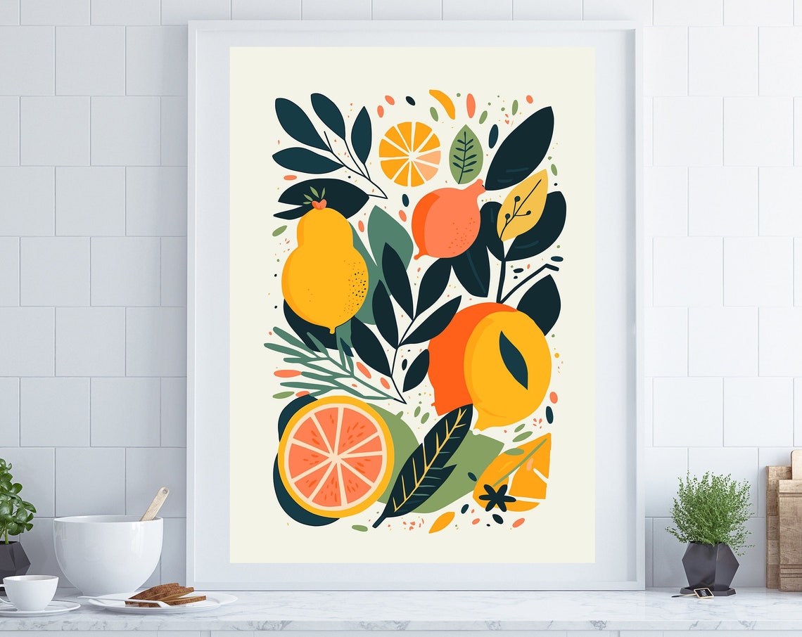 Mid Century Citrus Fruit Botanical Bright Colorful Kitchen Wall Art